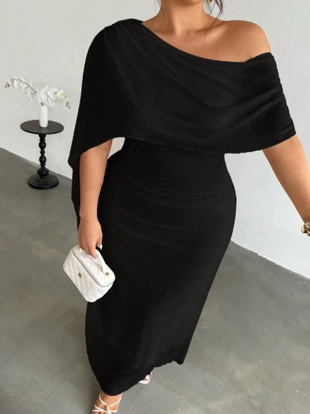 Black Elegant Women's Slim Fit Ruched Asymmetric High Waisted Long Pencil Dress